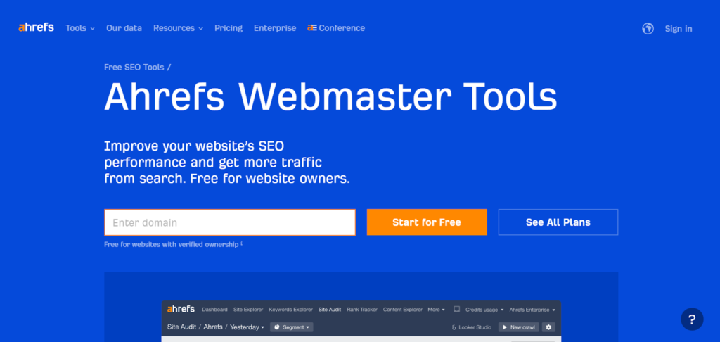 Ahrefs Webmaster Tools page