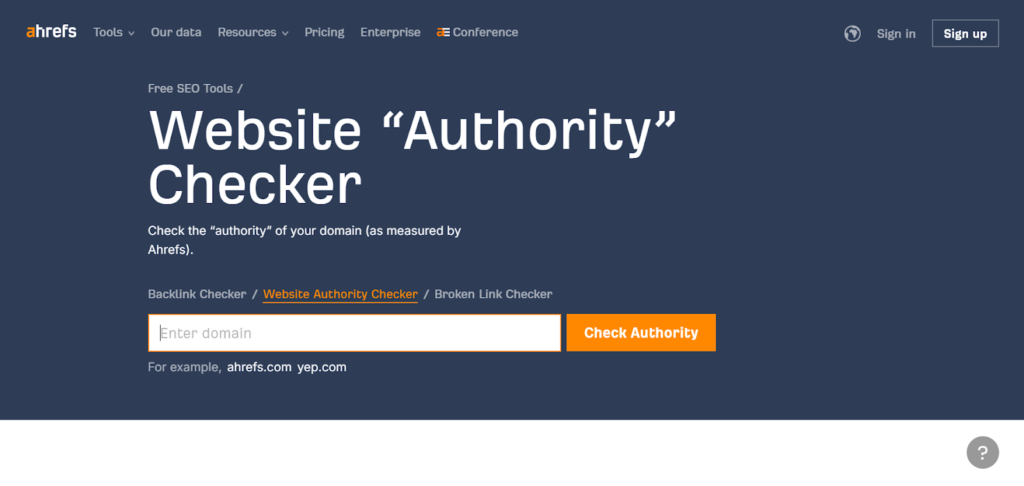 Website Authority Checker Ahref page