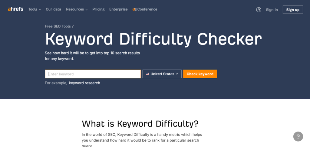 Keyword Difficulty Checker Ahrefs page