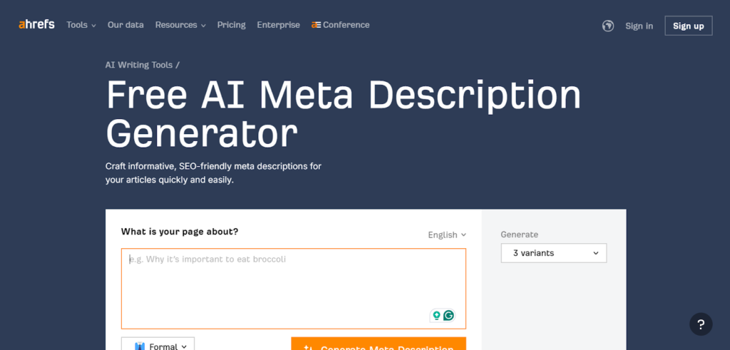 Meta Description Generator Ahref page