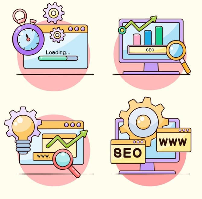 Four colorful icons related to SEO, featuring page loading, SEO analysis, keyword tracking